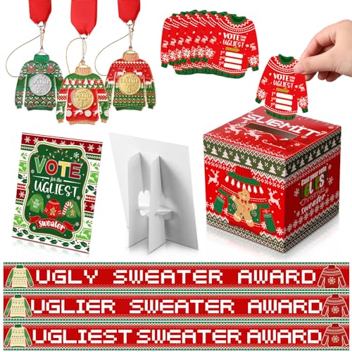 Cholemy 68-teiliges Ugly Sweater Party Voting Cards Set with 1 Ugly Sweater Contest Wahlurne Box 60 Stimmkarten 3 Medaillen Auszeichnungen 3 Sweater Award Schärpen 1 Tischschild für Winterurlaub von Cholemy