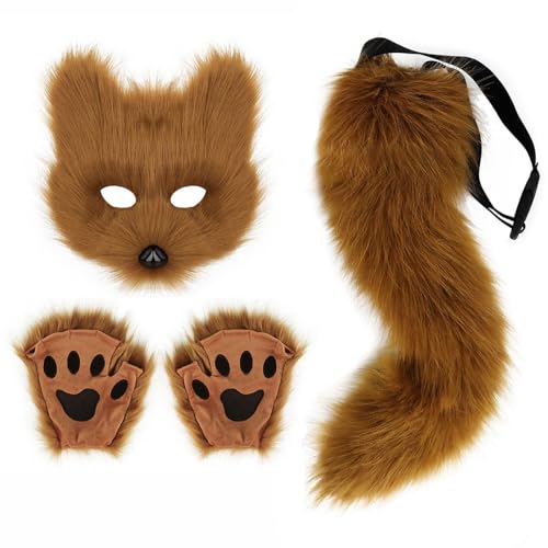 ChongKuan Fuchs Kostüm Damen & Fuchskostüm Für Kinder - Komplettes Set Mit Maske, Schwanz Und Handschuhen, Perfekt Für Fasching, Karneval Und Kostümpartys (3) von ChongKuan