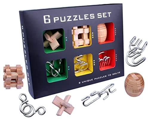 Chonor 6er Set 3D Holz Denkaufgabe Metallpuzzle Metalldraht Puzzle, Holzspielzeug Knobelspiel Geduldspiel Intelligenz Pädagigisches Gehirntraining Spielzeug Logikspiel Geschenk für Kinder Erwachsene von Chonor