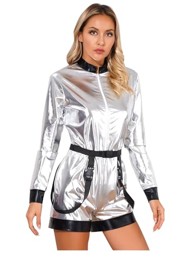 Choomomo Alien Kostüm Damen Astronauten Cosplay Kostüm Für Fasching Karneval Metallic Glitzer Jumpsuit Metallischer Overall Festival Kostüm Set Silber M von Choomomo