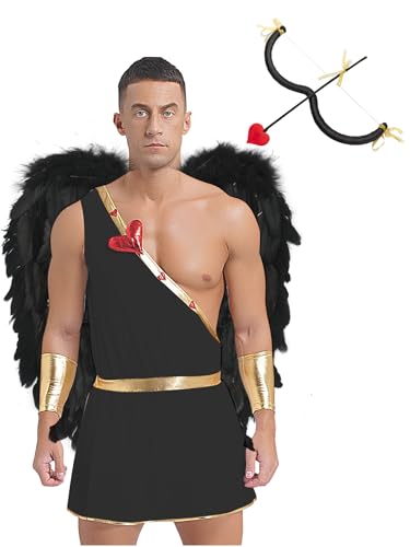 Choomomo Amor Kostüm Herren Valentinstag Cupid Kostüm mit Federflügel Engel Cupid Costume Amor Kostüm Karneval Valentinstag Party Cosplay Schwarz 3XL von Choomomo