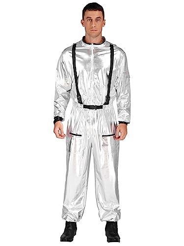 Choomomo Astronaut Cosplay Kostüm Langarm Ganzkörper Travel Weltraum Raumfahrer Body Overall Space Girl für Fasching Karneval Mottoparty Silber 3XL von Choomomo