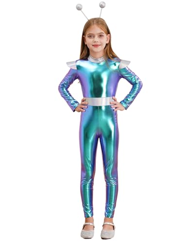 Choomomo Astronaut Kostüm Mädchen Metallic Ganzkörper Overall Stehkragen Jumpsuit Mit Alien Stirnband Space Girl Outfit Für Fasching Karneval Blau 110-116 von Choomomo