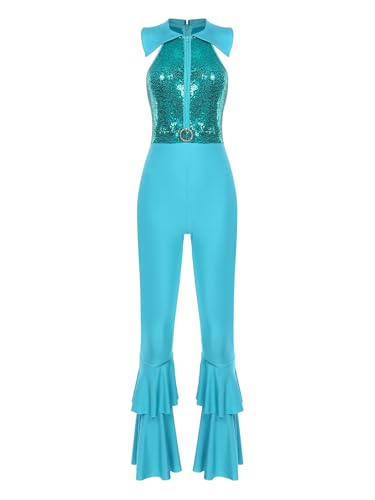 Choomomo Damen 70er 80er Jahre Disco Kostüm Glitzer Pailletten Overall Schlaghose Hippie Rave Party Outfit Halloween Karneval Festival Tanzkostüm Blau Grün 3XL von Choomomo