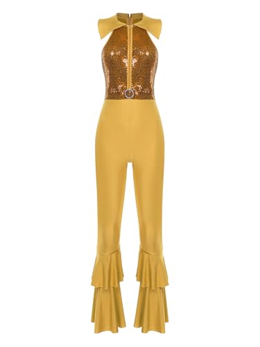 Choomomo Damen 70er 80er Jahre Disco Kostüm Glitzer Pailletten Overall Schlaghose Hippie Rave Party Outfit Halloween Karneval Festival Tanzkostüm Gold XL von Choomomo