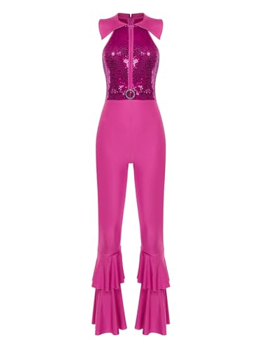 Choomomo Damen 70er 80er Jahre Disco Kostüm Glitzer Pailletten Overall Schlaghose Hippie Rave Party Outfit Halloween Karneval Festival Tanzkostüm Hot Pink 3XL von Choomomo