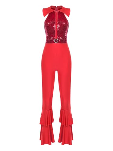 Choomomo Damen 70er 80er Jahre Disco Kostüm Glitzer Pailletten Overall Schlaghose Hippie Rave Party Outfit Halloween Karneval Festival Tanzkostüm Rot 3XL von Choomomo