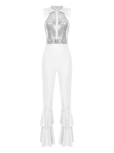 Choomomo Damen 70er 80er Jahre Disco Kostüm Glitzer Pailletten Overall Schlaghose Hippie Rave Party Outfit Halloween Karneval Festival Tanzkostüm Silber 3XL von Choomomo