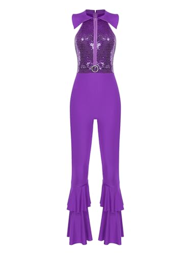 Choomomo Damen 70er 80er Jahre Disco Kostüm Glitzer Pailletten Overall Schlaghose Hippie Rave Party Outfit Halloween Karneval Festival Tanzkostüm Violett 3XL von Choomomo