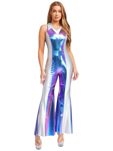 Choomomo Damen Ärmellos Ganzkörperanzug mit Schlaghose 70er 80er Disco Kostüm Metallic Jumpsuit Vintage Festliches Overall Für Karneval Cosplay Party Blau XXL Choomomo Damen Ärmellos Ganzkörperanzug mit Schlaghose 70er 80er Disco Kostüm Metallic Jumpsuit Vintage Festliches Overall Für Karneval Cosplay Party Blau XXL von Choomomo