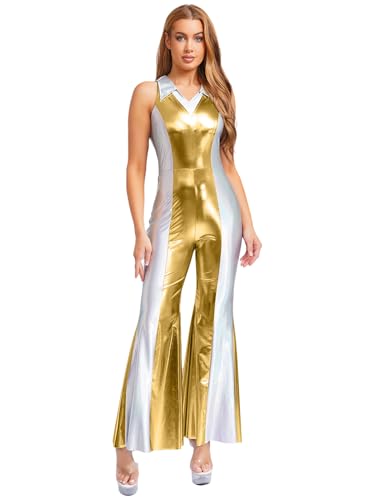 Choomomo Damen Ärmellos Ganzkörperanzug mit Schlaghose 70er 80er Disco Kostüm Metallic Jumpsuit Vintage Festliches Overall Für Karneval Cosplay Party Gold XXL Choomomo Damen Ärmellos Ganzkörperanzug mit Schlaghose 70er 80er Disco Kostüm Metallic Jumpsuit Vintage Festliches Overall Für Karneval Cosplay Party Gold XXL von Choomomo