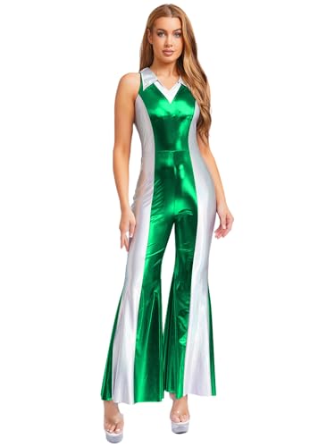 Choomomo Damen Ärmellos Ganzkörperanzug mit Schlaghose 70er 80er Disco Kostüm Metallic Jumpsuit Vintage Festliches Overall Für Karneval Cosplay Party Grün XXL Choomomo Damen Ärmellos Ganzkörperanzug mit Schlaghose 70er 80er Disco Kostüm Metallic Jumpsuit Vintage Festliches Overall Für Karneval Cosplay Party Grün XXL von Choomomo