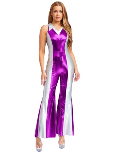 Choomomo Damen Ärmellos Ganzkörperanzug mit Schlaghose 70er 80er Disco Kostüm Metallic Jumpsuit Vintage Festliches Overall Für Karneval Cosplay Party Violett XXL Choomomo Damen Ärmellos Ganzkörperanzug mit Schlaghose 70er 80er Disco Kostüm Metallic Jumpsuit Vintage Festliches Overall Für Karneval Cosplay Party Violett XXL von Choomomo