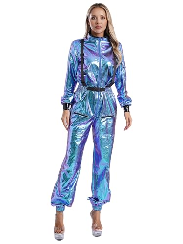 Choomomo Damen Astronauten Kostüm Metallic Ganz Jumpsuit Overall Langarm Astronaut Weltraum Weltall Raumfahrer Kostüm Halloween Fasching Mottoparty Blau 3XL von Choomomo