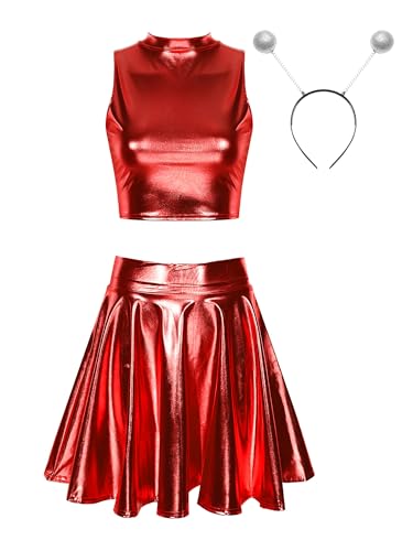 Choomomo Damen Sexy Metallic Crop Top+ Glänzend Pleated Rock Set Alien Kostüm Space Girl Cosplay Kostüm Karneval Karneval Clubwear Rot M von Choomomo