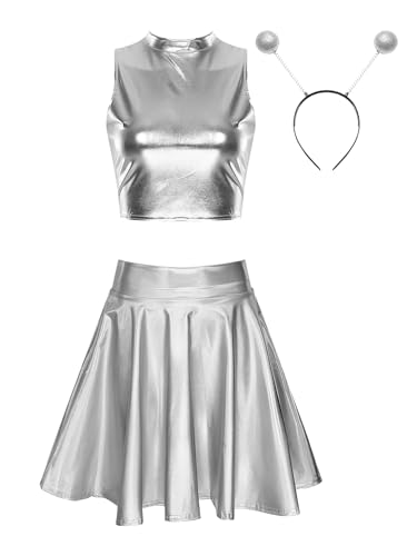 Choomomo Damen Sexy Metallic Crop Top+ Glänzend Pleated Rock Set Alien Kostüm Space Girl Cosplay Kostüm Karneval Karneval Clubwear Silber A L von Choomomo