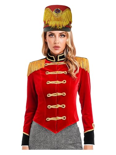 Choomomo Damen Zirkus Direktor Kostüm Samt Blazer Vintage Jacke Mit Hut Halloween Fasching Karneval Cosplay Party Outfit Rot B 3XL von Choomomo