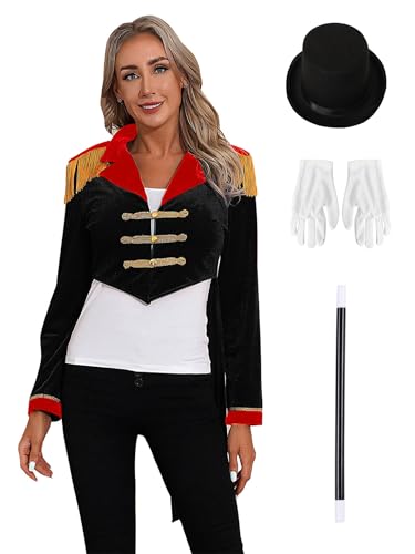 Choomomo Damen Zirkus Kostüm Samt Frack Jacke mit Hut Handschuhe und Zauberstab Ringmaster Uniform Karneval Kostüm Fasching Mottoparty Outfit Schwarz XXL von Choomomo