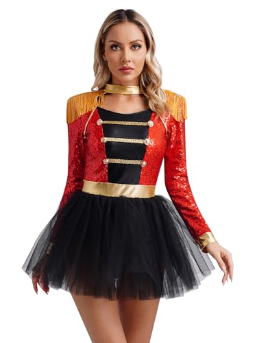 Choomomo Damen Zirkus Kostüm Zirkusdirektor Uniform Langarm Body Overall mit Tuturock Halloween Karneval Fasching kostüm Show Party Outfits Rot 3XL von Choomomo