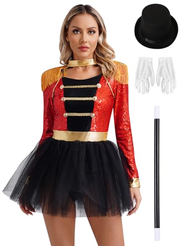 Choomomo Damen Zirkus Kostüm Zirkusdirektor Uniform Langarm Body Overall mit Tuturock Halloween Karneval Fasching kostüm Show Party Outfits Rot mit Hut 3XL von Choomomo