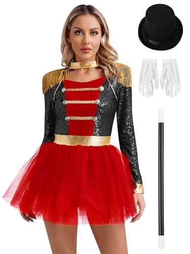 Choomomo Damen Zirkus Kostüm Zirkusdirektor Uniform Langarm Body Overall mit Tuturock Halloween Karneval Fasching kostüm Show Party Outfits Schwarz mit Hut 3XL von Choomomo