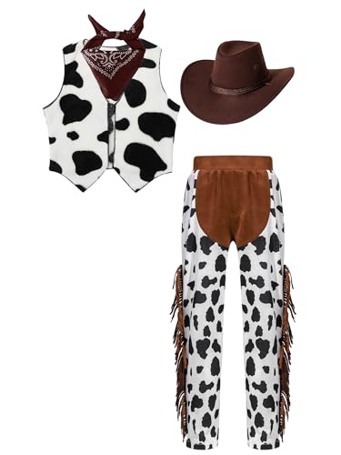 Choomomo Jungen Mädchen Cowboy-Kostüm 4-teilige Weste + Hose + Hut + Halstuch Wild Western Cowboy Outfits Set für Halloween Party Rollenspiel Cosplay Kaffee 146-152 von Choomomo