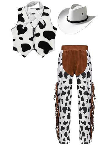 Choomomo Jungen Mädchen Cowboy-Kostüm 4-teilige Weste + Hose + Hut + Halstuch Wild Western Cowboy Outfits Set für Halloween Party Rollenspiel Cosplay Weiß 110-116 von Choomomo