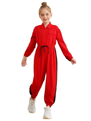 Choomomo Jungen Mädchen Mechaniker Kostüm Klempner Overall Langarm Cargo Jumpsuit Kinder Fasching Arbeitsoverall Maleranzug Freizeit Uniform Anzug Rot 110-116 von Choomomo