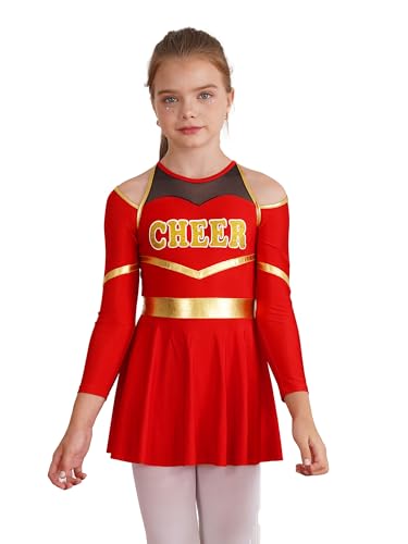 Choomomo Kinder Cheer Leader Kostüm Langarm Cheerleading Uniform mit/ohne Pompoms/Harrband Schulmädchen Tanzkleid Halloween Cheerleading Outfits Rot 110-116 von Choomomo