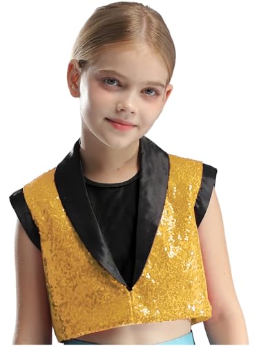 Choomomo Kinder Jungen Mädchen Pailletten Anzug Weste Festlich Tops mit Ein-Knopf glänzend Gilet Anzugsweste Party Kostüm zur Fasching Performance Gold 122-128 von Choomomo