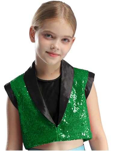 Choomomo Kinder Jungen Mädchen Pailletten Anzug Weste Festlich Tops mit Ein-Knopf glänzend Gilet Anzugsweste Party Kostüm zur Fasching Performance Grün 110-116 von Choomomo