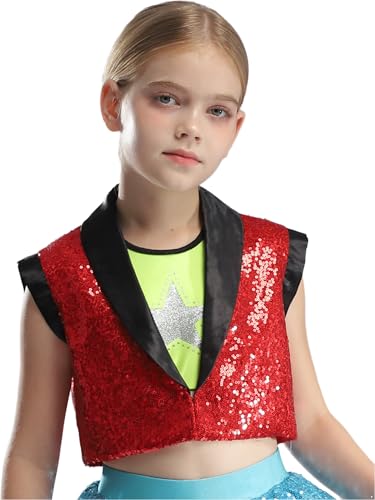 Choomomo Kinder Jungen Mädchen Pailletten Anzug Weste Festlich Tops mit Ein-Knopf glänzend Gilet Anzugsweste Party Kostüm zur Fasching Performance Rot 110-116 von Choomomo