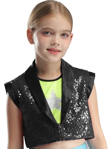 Choomomo Kinder Jungen Mädchen Pailletten Anzug Weste Festlich Tops mit Ein-Knopf glänzend Gilet Anzugsweste Party Kostüm zur Fasching Performance Schwarz 110-116 von Choomomo