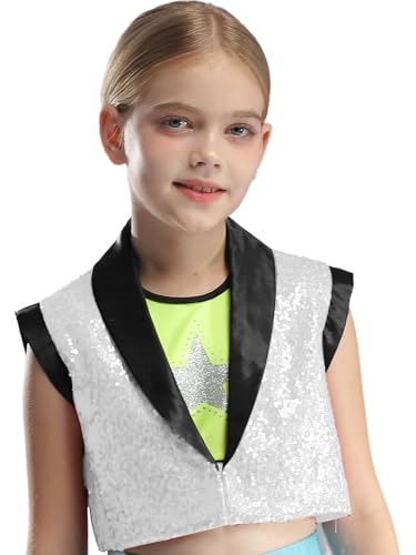 Choomomo Kinder Jungen Mädchen Pailletten Anzug Weste Festlich Tops mit Ein-Knopf glänzend Gilet Anzugsweste Party Kostüm zur Fasching Performance Silber 110-116 von Choomomo