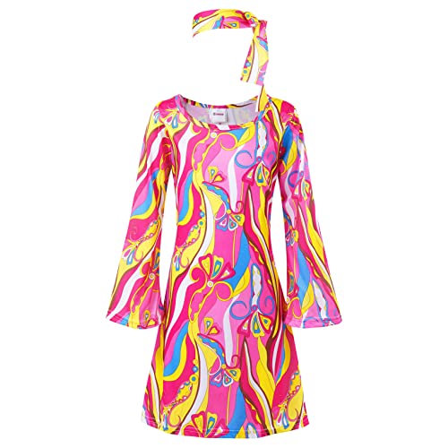 Choomomo Kinder Mädchen Retro Hippie Kostüm Glänzend Partykleid Langarm A-Linie Kleider mit Stirnband Disco Performance Tanzbekleidung Dunkel bunt 104-116 von Choomomo