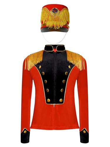 Choomomo Kinder Zirkus Kostüm Zirkusdirektor Uniform Set Langarm Samt Mantel + Hut Cosplay Show Party Outfits Karneval Fasching Verkleidung Rot Schwarz B 110-116 von Choomomo