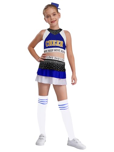 Choomomo Mädchen Cheer Leader Faschingskostüme Ärmellos Top und Rock Mit 2 Pompoms Socken Tanzbekleidung Cheerleading Karneval Fasching Party Kostüm Blau Weiss 110-116 von Choomomo