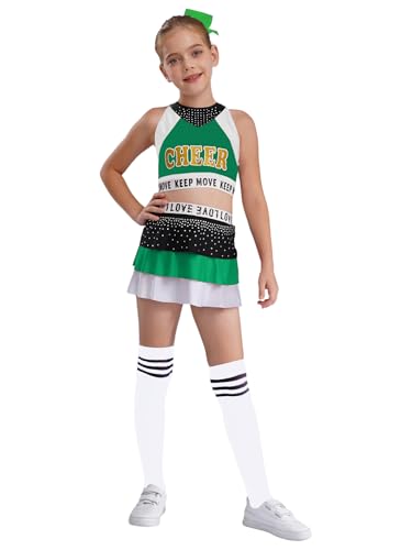 Choomomo Mädchen Cheer Leader Faschingskostüme Ärmellos Top und Rock Mit 2 Pompoms Socken Tanzbekleidung Cheerleading Karneval Fasching Party Kostüm Grün Weiß 110-116 von Choomomo