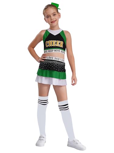 Choomomo Mädchen Cheer Leader Faschingskostüme Ärmellos Top und Rock Mit 2 Pompoms Socken Tanzbekleidung Cheerleading Karneval Fasching Party Kostüm Schwarz Grün 110-116 von Choomomo