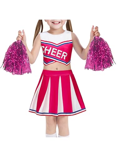 Choomomo Mädchen Cheerleading Kostüm Cheer Leader Outfit mit Ärmellos Top Faltenrock und Pompons Karneval Fasching Party Kostüm Hot Pink 110-116 von Choomomo