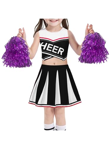 Choomomo Mädchen Cheerleading Kostüm Cheer Leader Outfit mit Ärmellos Top Faltenrock und Pompons Karneval Fasching Party Kostüm Schwarz 104-110 von Choomomo