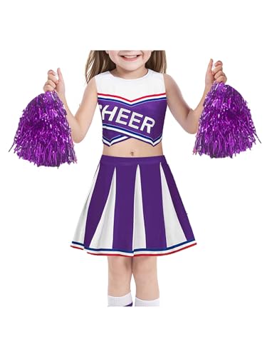 Choomomo Mädchen Cheerleading Kostüm Cheer Leader Outfit mit Ärmellos Top Faltenrock und Pompons Karneval Fasching Party Kostüm Violett 104-110 von Choomomo