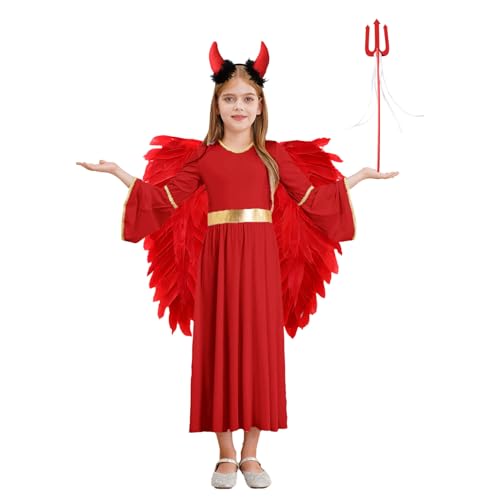 Choomomo Mädchen Engel Kleid Teufel Engelskostüm mit Engelsflügel Weihnachtsengel Kleid Maxikleid Halloween Karneval Fasching Partykleid Rot 110-116 von Choomomo