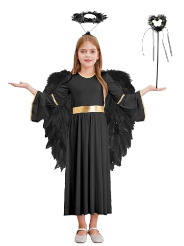 Choomomo Mädchen Engel Kleid Teufel Engelskostüm mit Engelsflügel Weihnachtsengel Kleid Maxikleid Halloween Karneval Fasching Partykleid Schwarz 110-116 von Choomomo