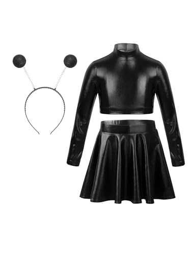 Choomomo Space Girl Alien Kostüm Mädchen Karneval Facshing Mottoparty Outfit Glänzendes Metallisch Crop Top mit Minirock Alien Stirnband Dancewear Schwarz 134-140 von Choomomo