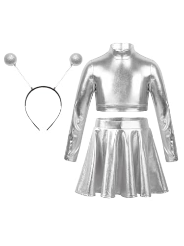 Choomomo Space Girl Alien Kostüm Mädchen Karneval Facshing Mottoparty Outfit Glänzendes Metallisch Crop Top mit Minirock Alien Stirnband Dancewear Silber 110-116 von Choomomo