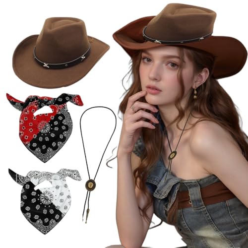 4 Stück Western Cowboyhut mit Bandana und Western-Cowboy-Anhänger, Kopfbedeckung für Faschingskostüme, Western Cowgirl Hüte für Verkleidung, Kostüm, Karneval, Mottoparty Cosplay Party Dress Up (Brown) von ChouGlow