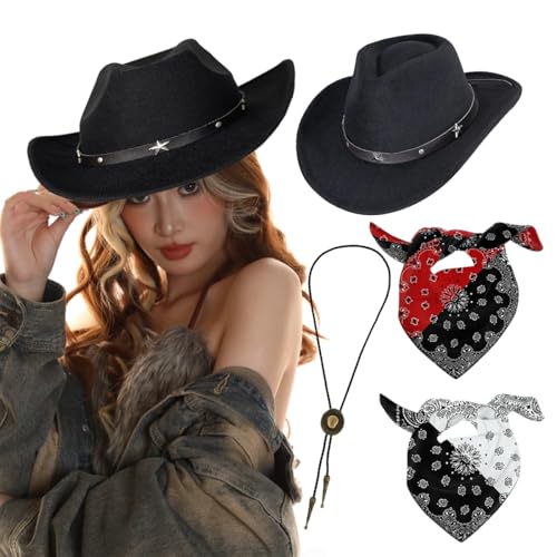 4 Stück Western Cowboyhut mit Bandana und Western-Cowboy-Anhänger, Kopfbedeckung für Faschingskostüme, Western Cowgirl Hüte für Verkleidung, Kostüm, Karneval, Mottoparty Cosplay Party Dress Up (Black) von ChouGlow