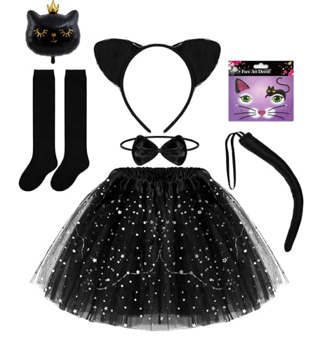 7 Stück Katzen Kostüm Kinder, Tierkostüm Kinder,Katzenkostüm Mädchen, Katzenkostüm Set mit Black Tutu,Katzenohren Haarreif, Bow, Tail,Gesichtstattoo,Folienballon für Fasching Karneval Motto Party. von ChouGlow