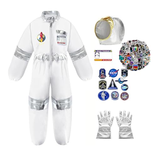 Astronaut Kostüm Kinder,Unisex weiß Weltraum Kostüm,Space Kostüm Rollenspiel, Astronaut NASA Kostüm für Jungen Mädchen mit Astronaut Helm Handschuhe Aufkleber für Karneval Halloween Kostüm (L) von ChouGlow